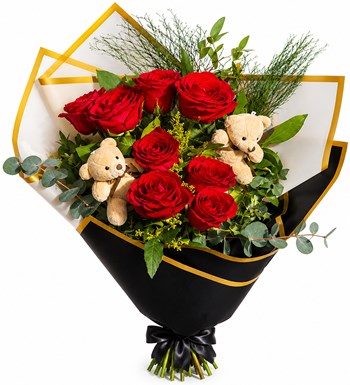 Lilyana Flowers - Kırmızı Gül Ayıcık Buketi