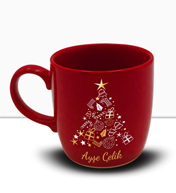 Lilyana Flowers - Mini Kasa İçerisinde Çam Ağacı & Kişiye Özel Kırmızı Kupa Hediye Seti