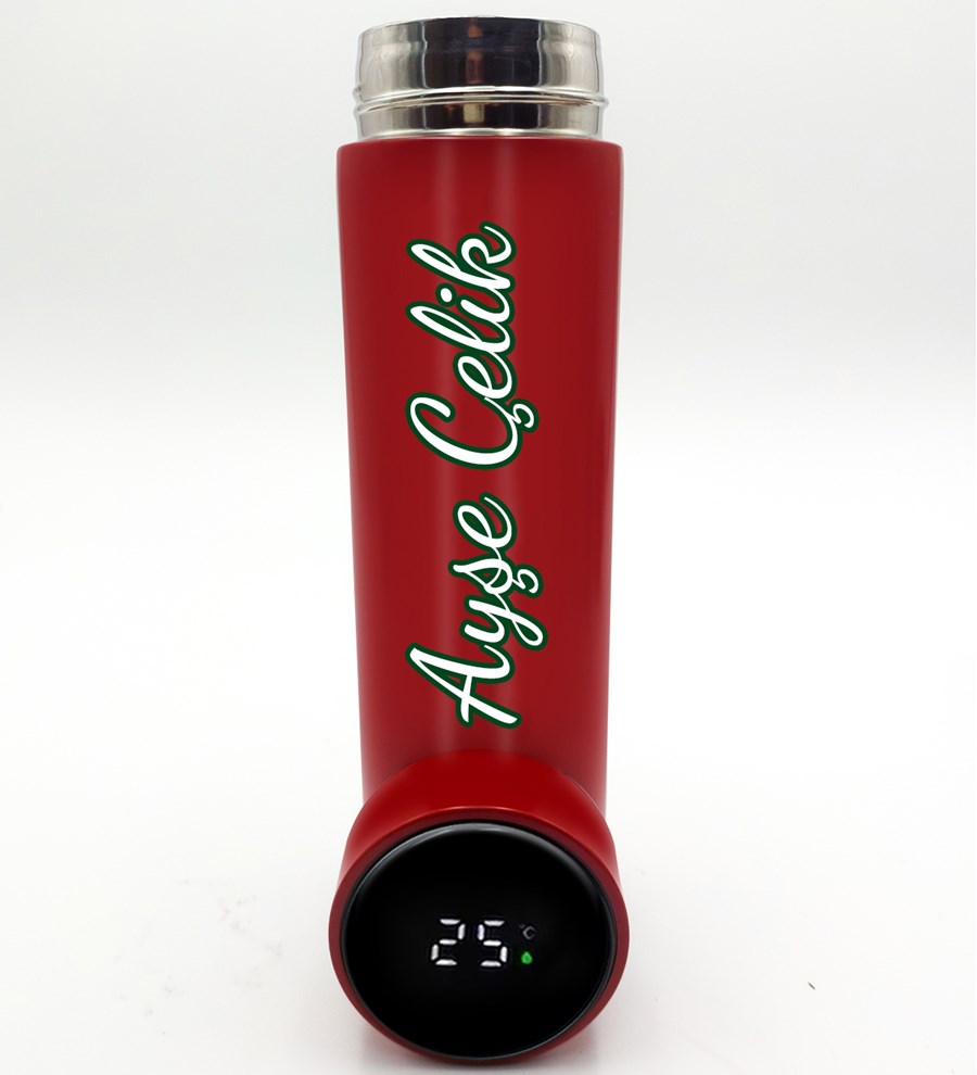 Hasır Sepetli Kişiye Özel Kırmızı Termos & Yılbaşı Ağacı  & Kırmızı Kupa Hediye Seti