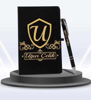 Kişiye Özel Ajanda Defter & Roller Kalem Hediye Seti (Gold)