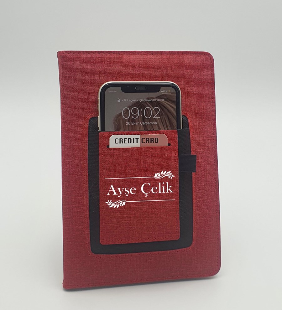 Kişiye Özel İsim Soyisim Baskılı Telefon Ve Kartlık Cepli Kırmızı Defter