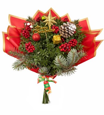 Lilyana Flowers - Yılbaşı Süslü Kokina Buketi Kırmızı