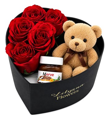 Lilyana Flowers - Küçük Kalpli Siyah Kutuda Ayıcıklı Nutellalı Kırmızı Gül