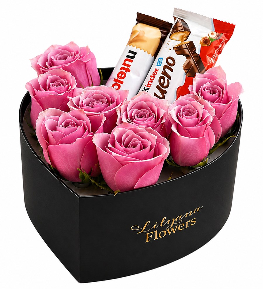 Küçük Kalpli Siyah Kutuda Çikolatalı Pembe Gül v2