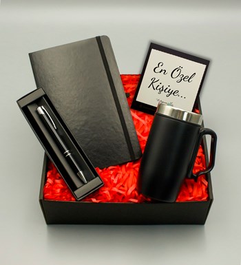 Lilyana Flowers - Siyah Defter & Siyah Bardak Termos & Siyah Roller Kalem Hediye Seti