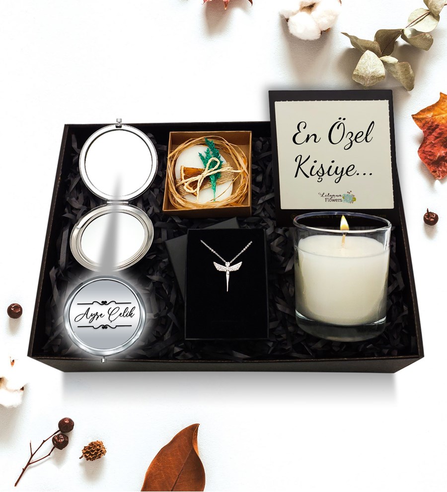 Kişiye Özel Ayna & Gümüş Kaplama Melek Kolye & Bardak Mum & Kokulu Sabun Hediye Seti