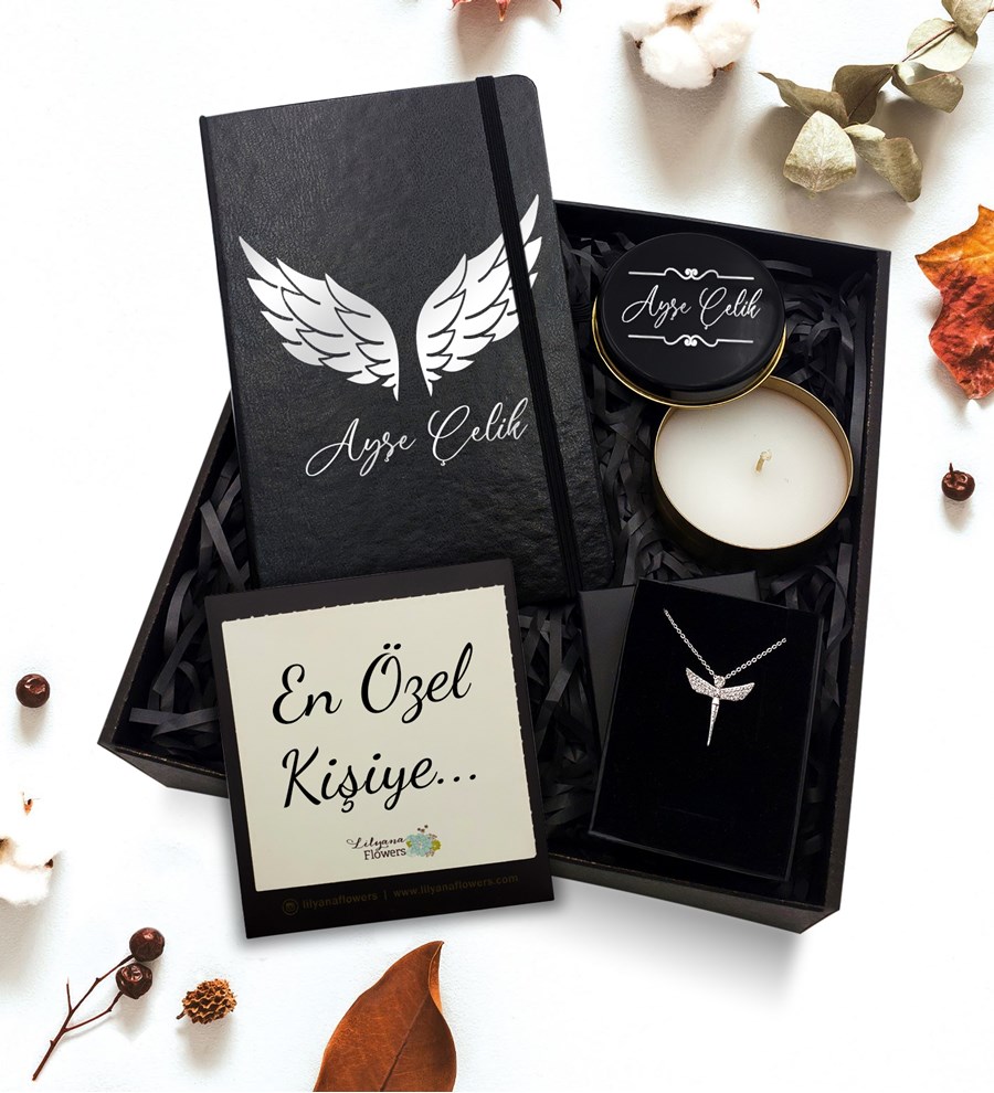 Kişiye Özel Siyah Defter & Gold Detaylı Siyah Mum & Gümüş Kaplama Melek Kolye Hediye Seti