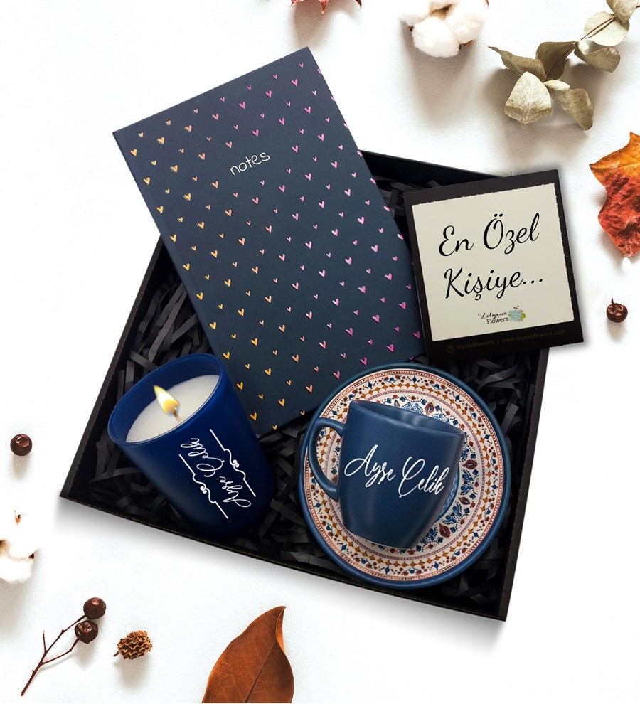Kişiye Özel Mavi Fincan & Tasarımlı Defter & Bardak Mum Hediye Seti