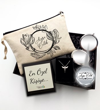 Lilyana Flowers - Kişiye Özel Kanvas Makyaj Çantası & Ayna & Gümüş Kaplama Melek Kolye Hediye Seti