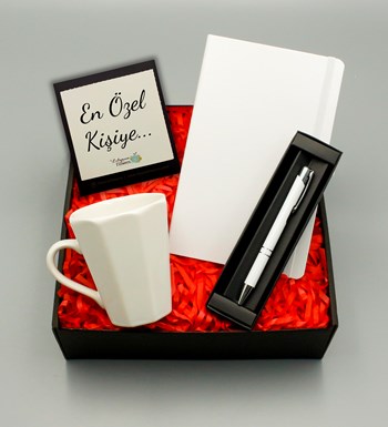 Lilyana Flowers - Beyaz Defter & Beyaz Kupa & Beyaz Roller Kalem Hediye Seti