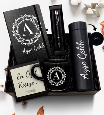 Lilyana Flowers - Kişiye Özel Siyah 500 ML Dereceli Termos & Defter & Kupa & Kalem Hediye Seti