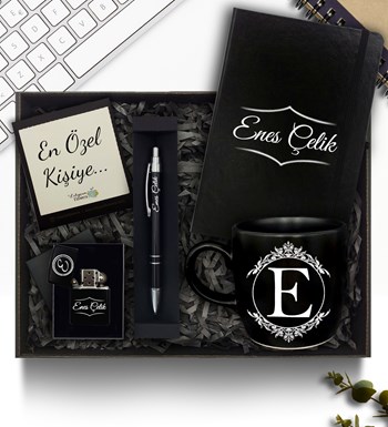 Lilyana Flowers - Kişiye Özel Siyah Defter & Kupa & Zippo Tarzı Çakmak & Kalem Hediye Seti
