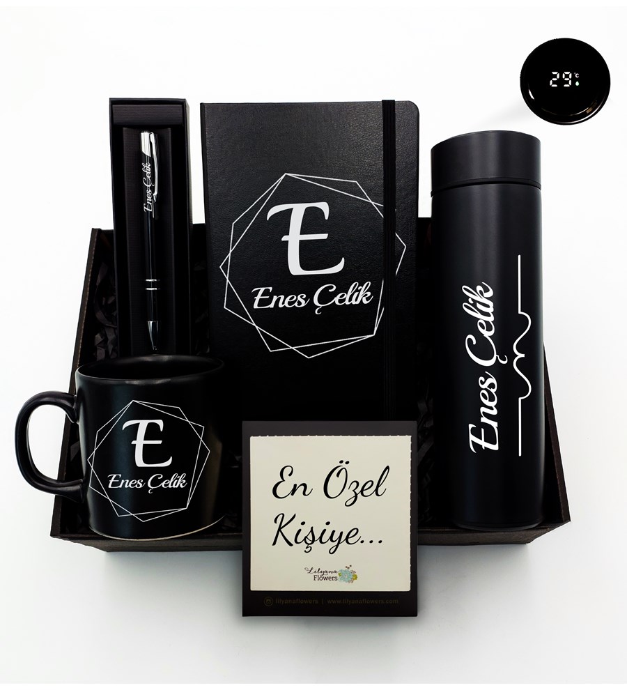 Kişiye Özel Siyah Defter & Siyah Kupa & Siyah Tükenmez Kalem & Dereceli Termos Hediye Seti