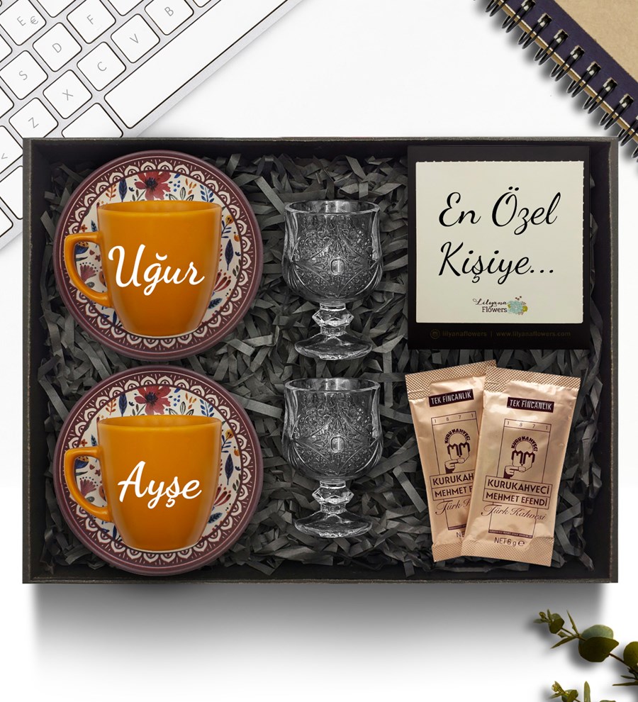 Kişiye Özel 2'li Kiremit Fincan & Kahve Yanı Cam Su Bardağı & Türk Kahvesi Hediye Seti