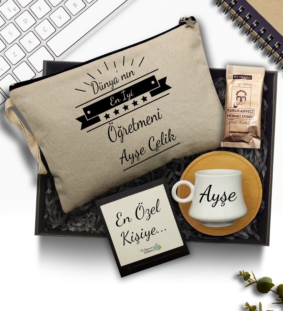 Öğretmenler Günü Temalı Kişiye Özel Kanvas Çanta & Bambu Tabaklı Beyaz Fincan & Türk Kahvesi Hediye Seti