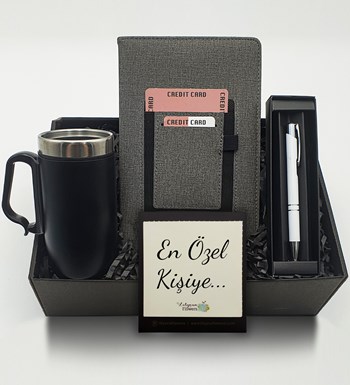 Lilyana Flowers - Gri Cepli Defter & Siyah Bardak Termos & Beyaz Roller Kalem Hediye Seti