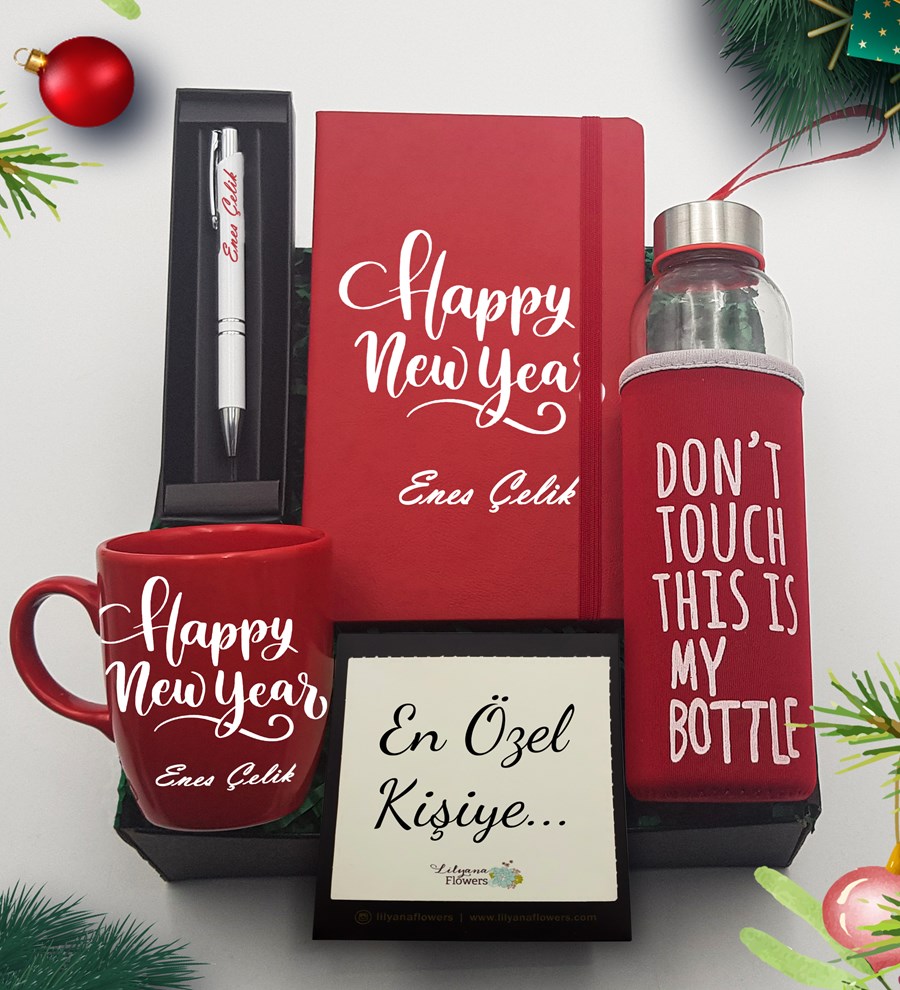 Kişiye Özel Yılbaşı Temalı Kırmızı Defter & Kırmızı Kupa & Beyaz Metal Tükenmez Kalem & Kılıflı H2O Suluk Hediye Seti