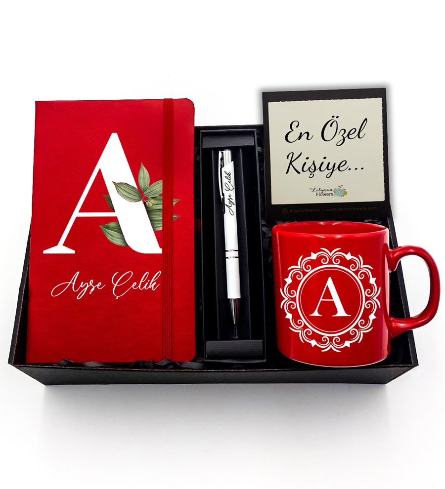 Sevgililer Günü Temalı Kişiye Özel Kırmızı Defter & Kırmızı Kupa & Beyaz Kalem Hediye Seti