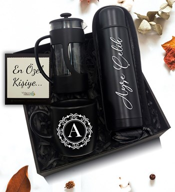 Lilyana Flowers - Kişiye Özel Deri Kılıflı Termos & Siyah Kupa & French Press Hediye Seti