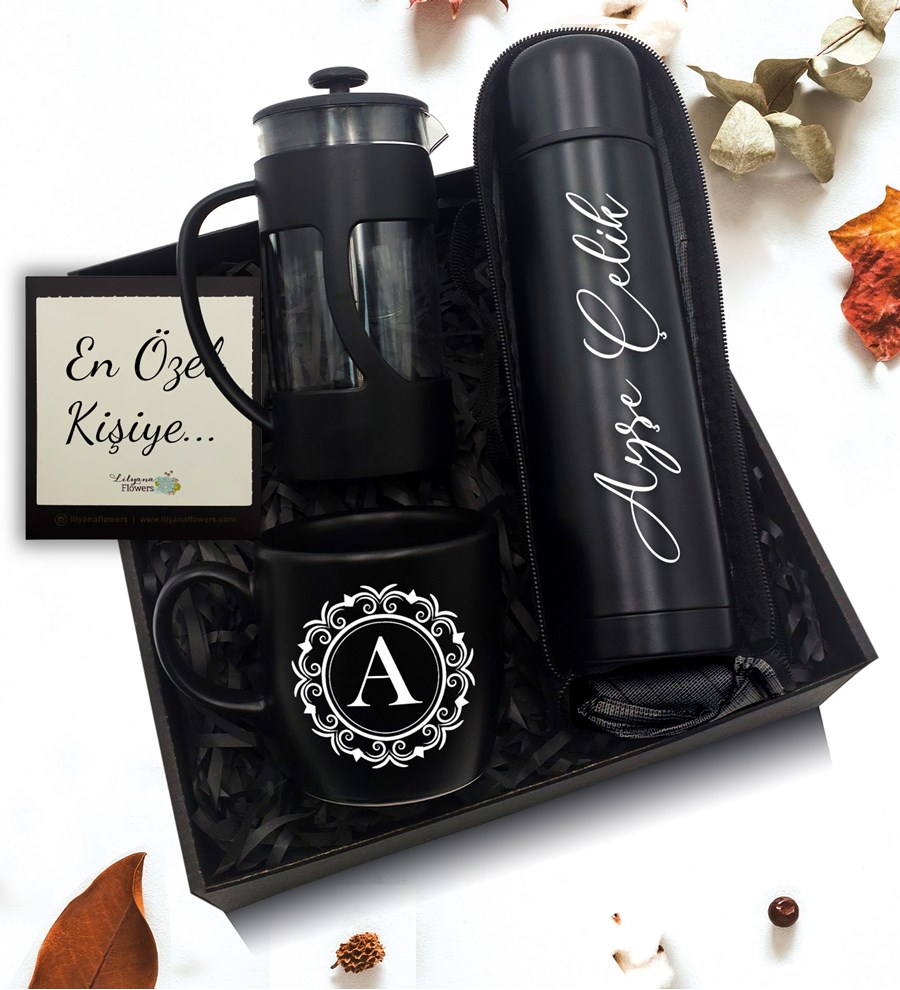 Kişiye Özel Deri Kılıflı Termos & Siyah Kupa & French Press Hediye Seti