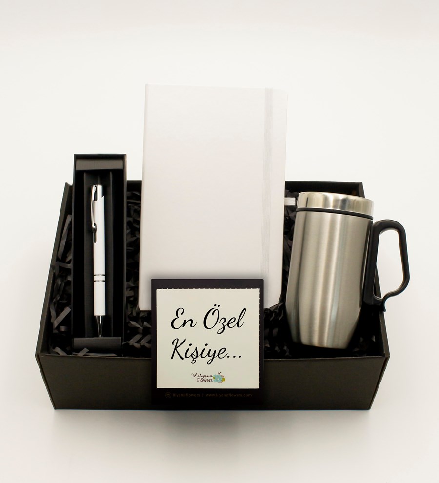 Beyaz Defter & Krom Bardak Termos & Beyaz Roller Kalem Hediye Seti