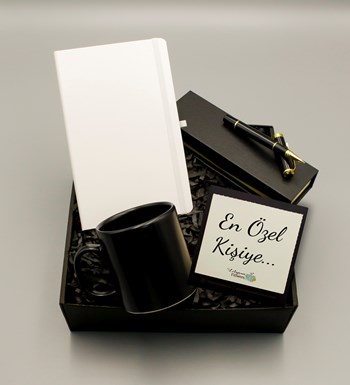 Lilyana Flowers - Beyaz Defter & Siyah Kupa & Siyah Roller Kalem Hediye Seti