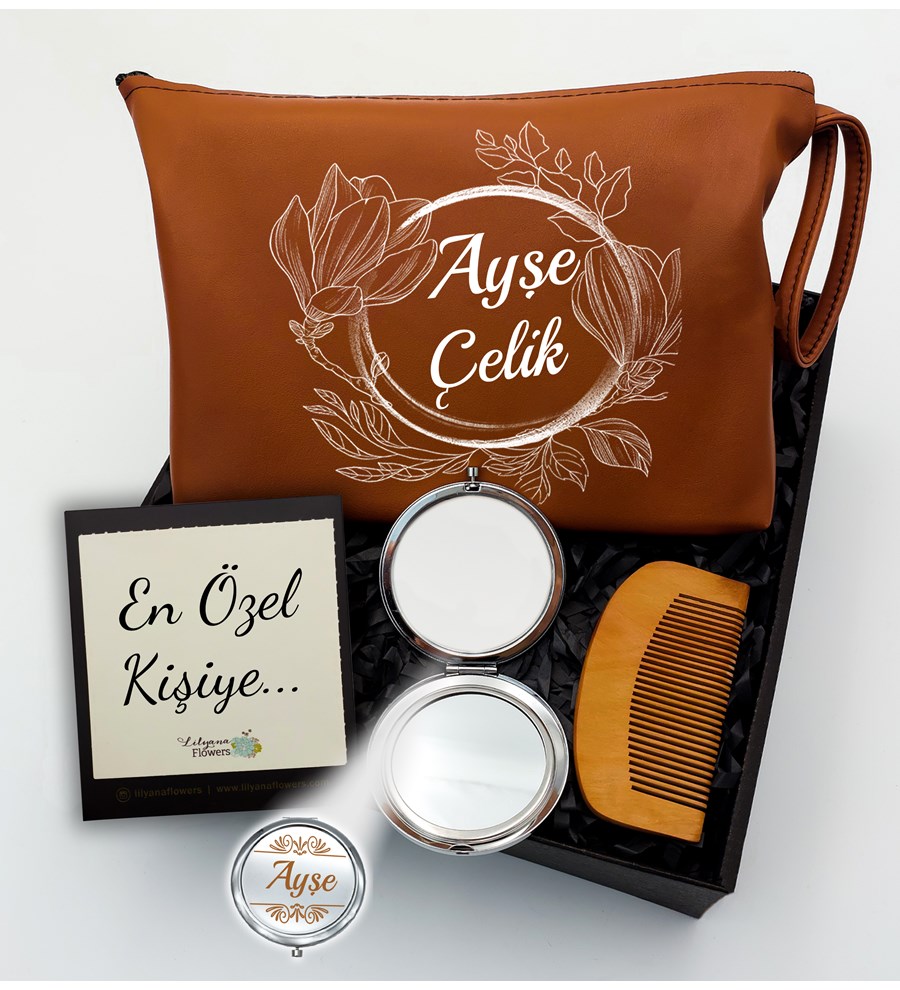 Kişiye Özel Kahverengi Makyaj Çantası & Tarak &  Makyaj Aynası
