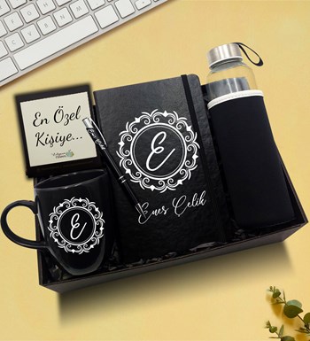 Lilyana Flowers - Kişiye Özel Siyah Defter & Kılıflı Cam Suluk & Siyah Kupa & Siyah Kalem Hediye Seti