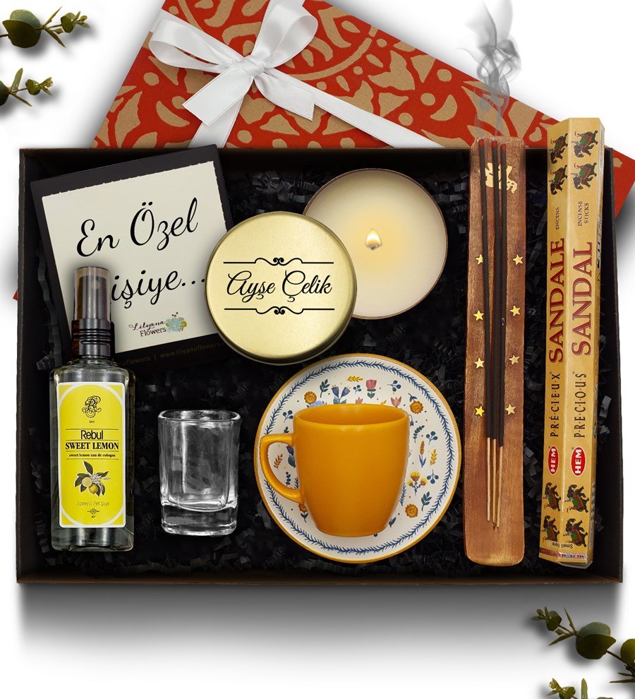 Turuncu Fincan & Mum & Çubuk Tütsü & Rebul Kolonya & Kahve Yanı Cam Su Bardağı Hediye Seti