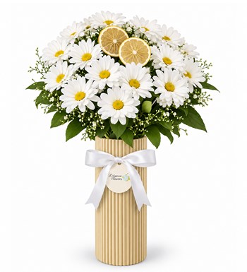 Lilyana Flowers - Limon Detaylı Beyaz Papatya Vazo Aranjmanı
