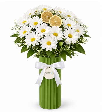 Lilyana Flowers - Limon Detaylı Beyaz Papatya Vazo Aranjmanı