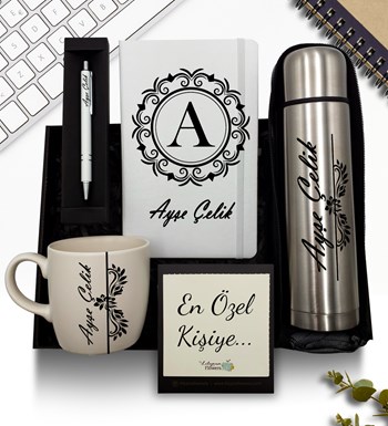 Lilyana Flowers - Kişiye Özel Deri Kılıflı Krom Çelik Termos & Beyaz Defter & Beyaz Kupa & Beyaz Kalem Hediye Seti