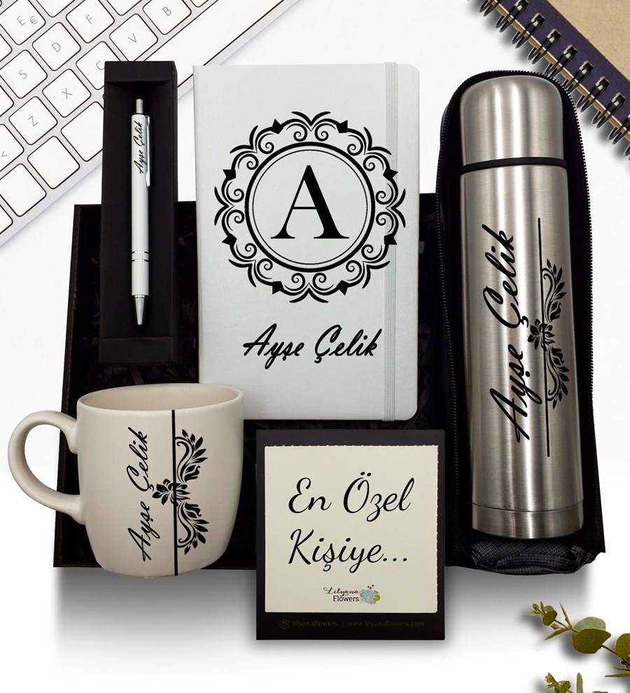 Kişiye Özel Deri Kılıflı Krom Çelik Termos & Beyaz Defter & Beyaz Kupa & Beyaz Kalem Hediye Seti