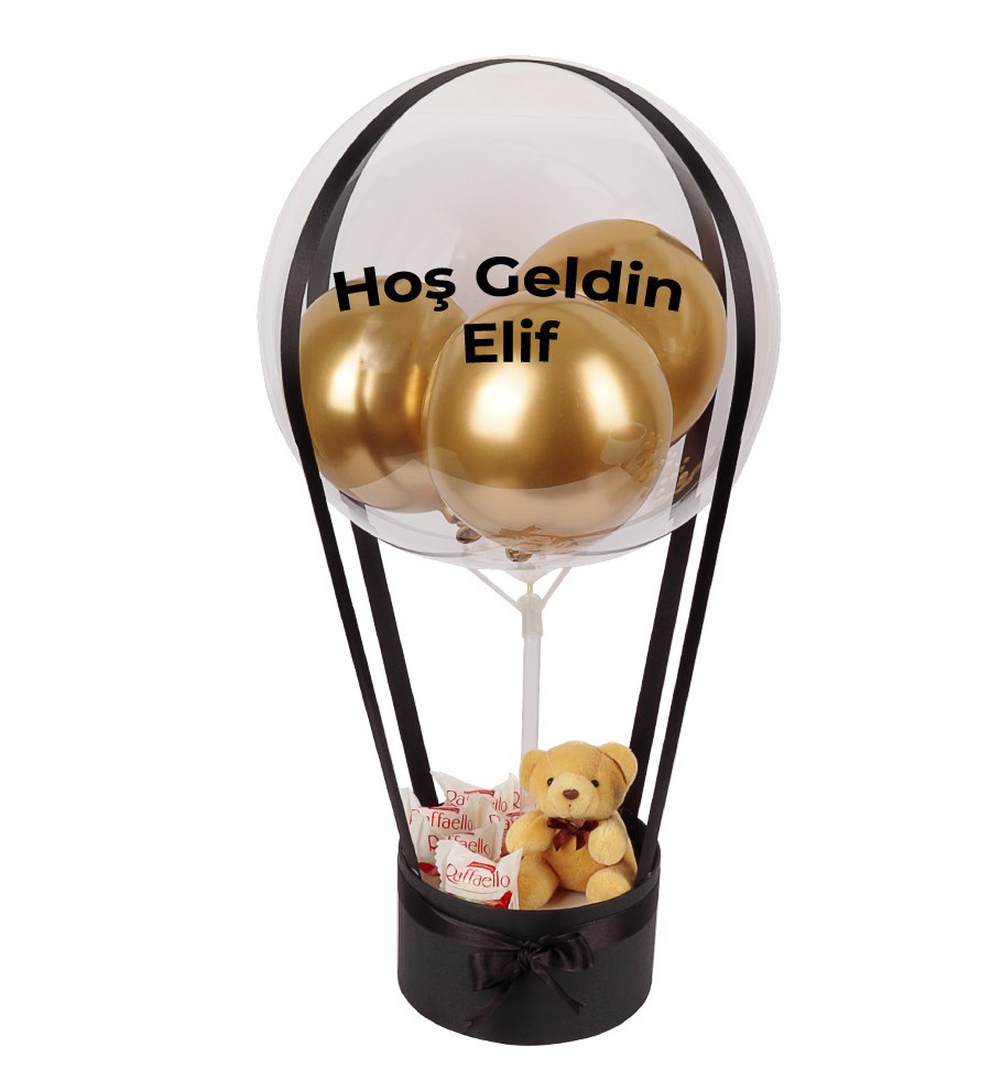 Balonlu Raffaello Peluşlu Çikolatalı Siyah Kutu