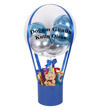 Balonlu Çikolatalı Ayıcıklı Mavi Kutu