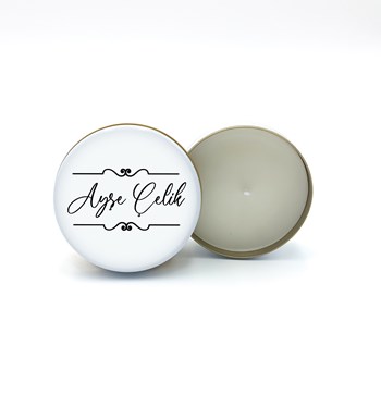 Kişiye Özel Kanvas Makyaj Çantası & Beyaz Metal Kutulu Mum & Dekoratif Biblo  Hediye Seti