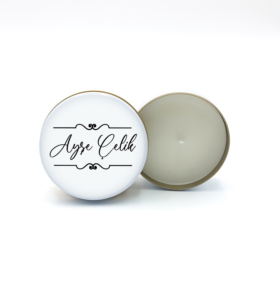 Kişiye Özel Kanvas Makyaj Çantası & Beyaz Metal Kutulu Mum & Dekoratif Biblo  Hediye Seti