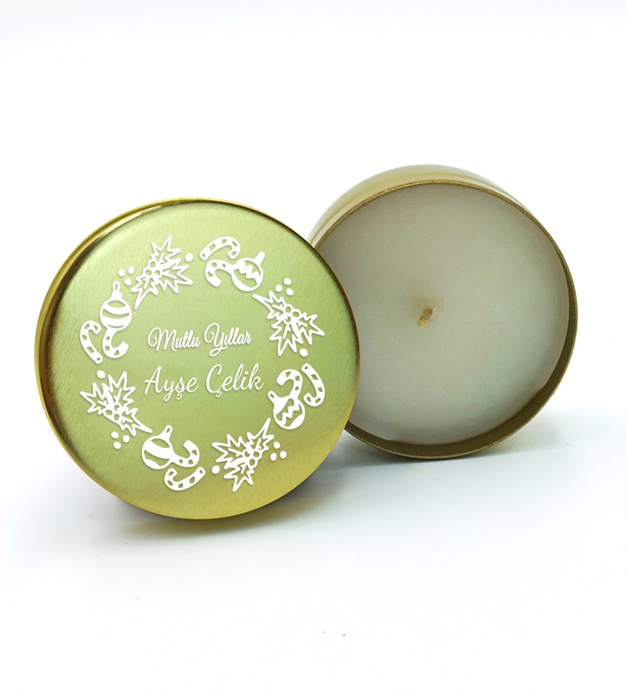 Hasır Sepetli Kişiye Özel Turuncu Fincan & Çam Ağacı & Gold Metal Kutulu Mum & Türk Kahvesi Hediye Seti