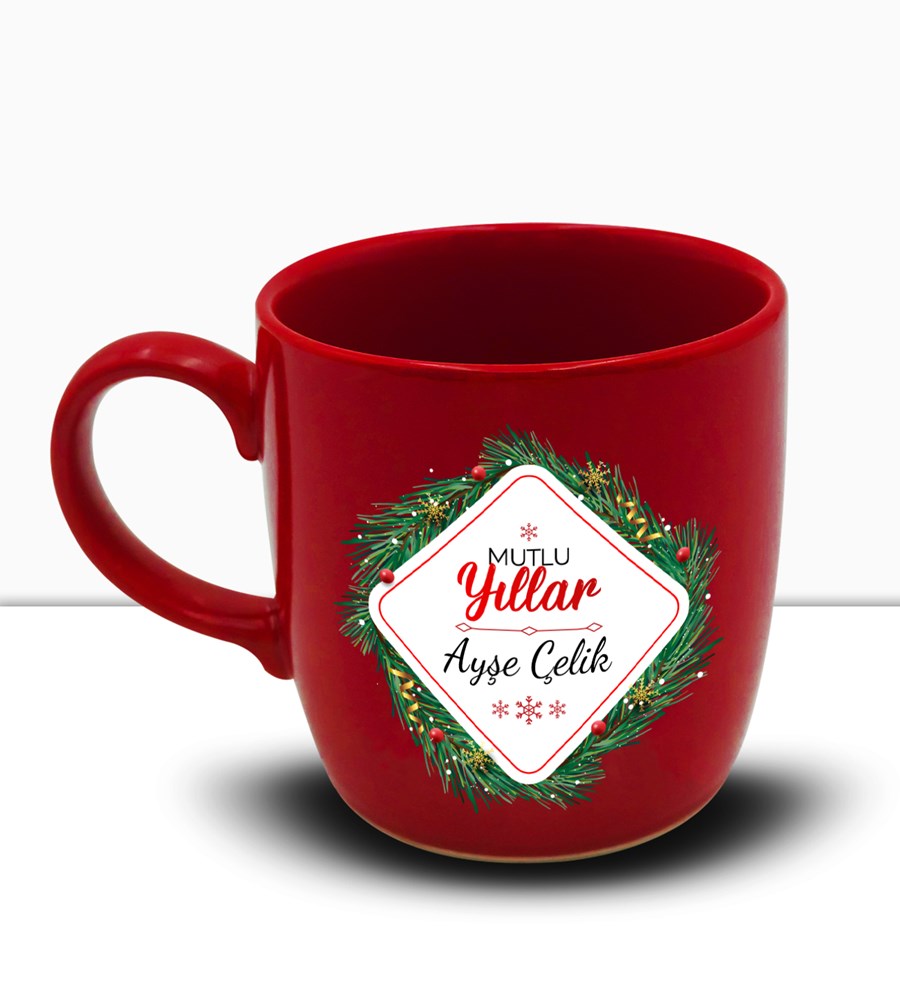 Yılbaşı Temalı Kişiye Özel Kırmızı Kupa & Yılbaşı Ağacı Mum & Kardan Adam Hediye Seti