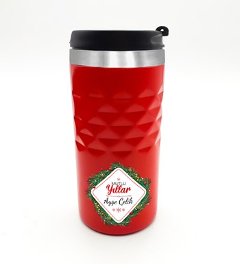 Lilyana Flowers - Yılbaşı Temalı Kişiye Özel Kırmızı Termos & Defter & Kupa & Mini Çam Ağacı & Kalem Hediye Seti