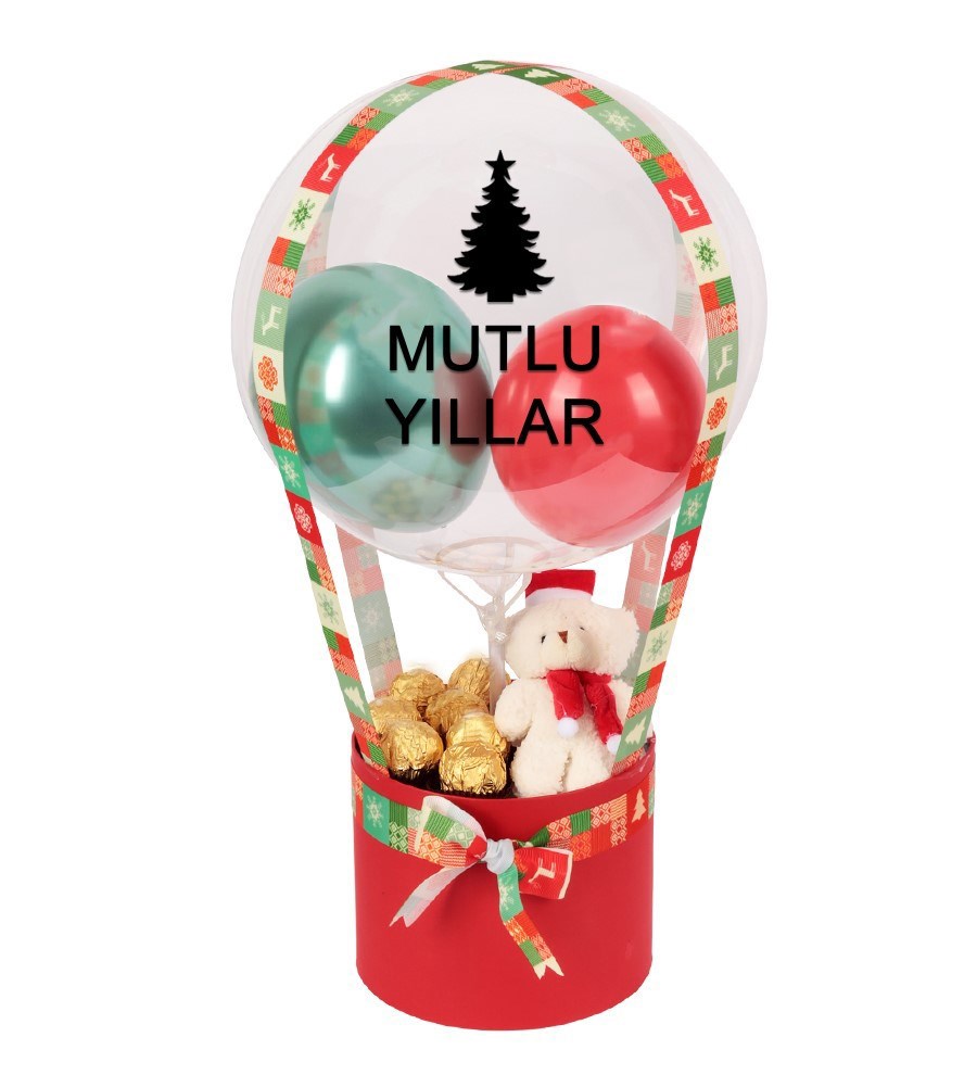 Yılbaşı Peluşlu Gold Fındıklı Çikolata Balon Kutusu