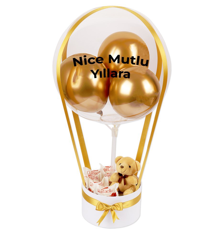 Balonlu Raffaello Peluşlu Çikolatalı Beyaz Kutu Gold