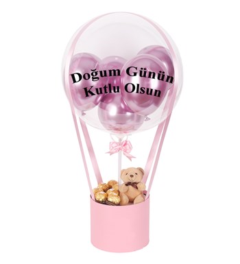 Balonlu Rocher Çikolatalı Ayıcıklı Pembe Kutu