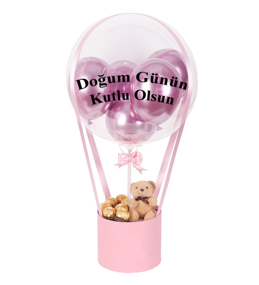 Balonlu Rocher Çikolatalı Ayıcıklı Pembe Kutu
