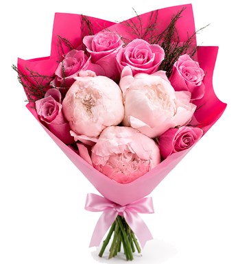Lilyana Flowers - Pembe Gül ve Beyaz Şakayık Buketi