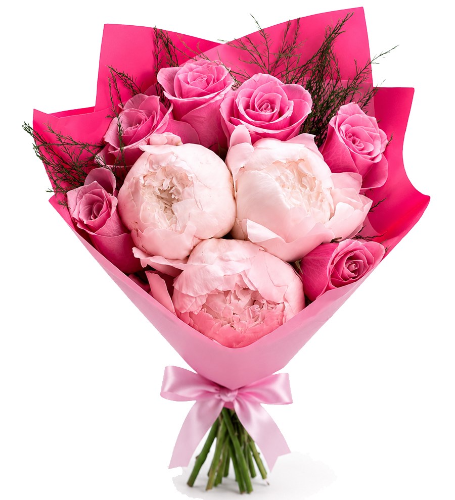 Pembe Gül ve Beyaz Şakayık Buketi