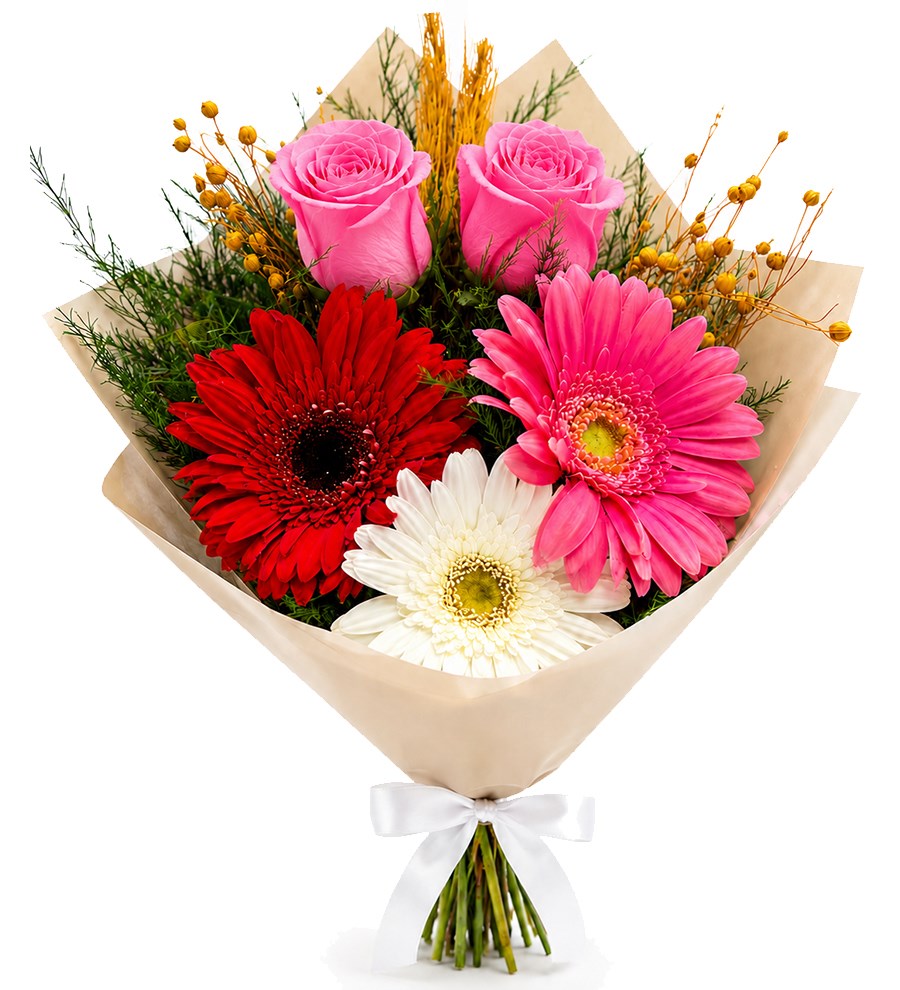 Pembe Gül ve Renkli Gerbera Buketi