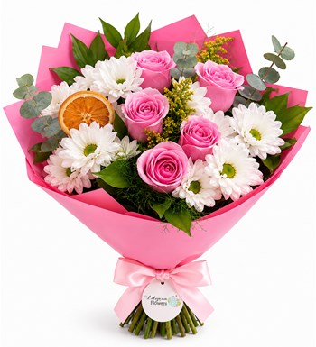 Lilyana Flowers - Pembe Güllerle Beyaz Papatya Buketi