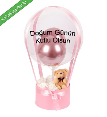 Balonlu Yuvarlak Pembe Kutuda Ayıcıklı Yapay Beyaz Gül