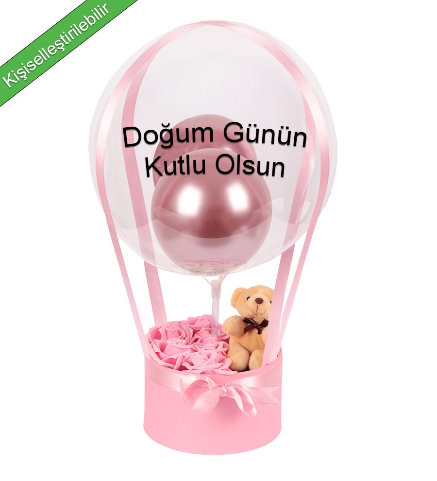 Balonlu Yuvarlak Pembe Kutuda Ayıcıklı Yapay Pembe Gül